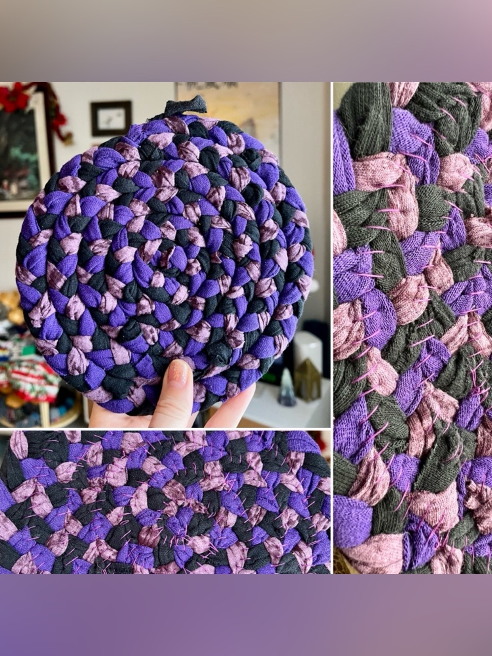 Braided Trivet Potholder - Purple Black Grey